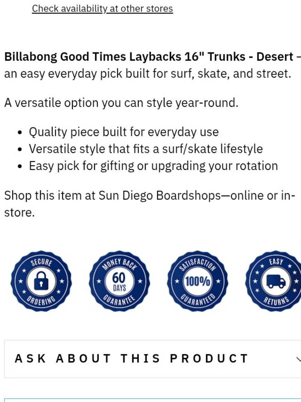 Billabong "Good Times Laybacks" 16 Inch Trunks Desert- Size Medium NWOT - Picture 4 of 8